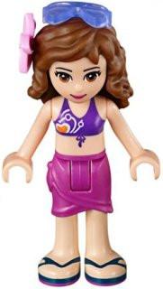 LEGO Minifigure-Olivia, Magenta Wrap Skirt, Dark Purple Bikini Top, Flower, Sunglasses-Friends-FRND100-Creative Brick Builders